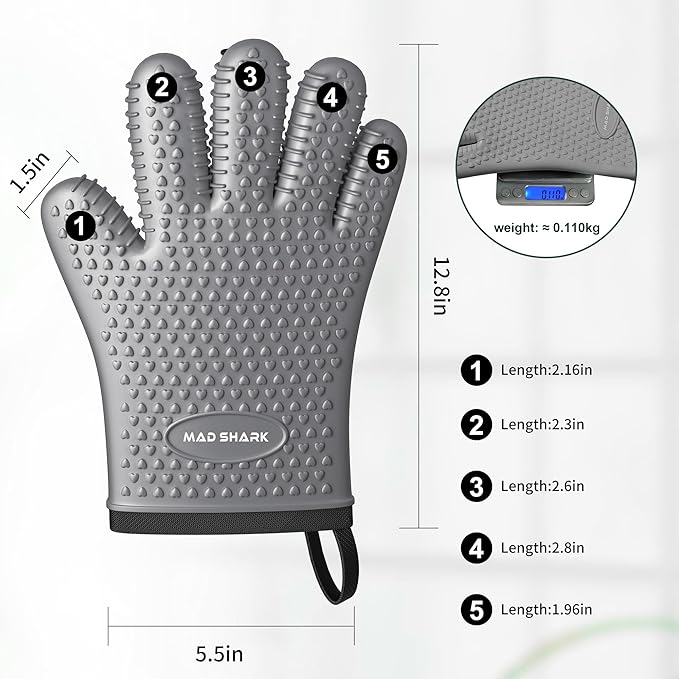 MAD SHARK Silicone Oven Mitts Heat Resistant 450 Degrees,Waterproof & Non-Slip Oven Gloves with Fingers,Cotton Lined Silicone Oven Gloves Kitchen Mitts for Baking Cooking Barbecue,Women,Oven (GREY1)