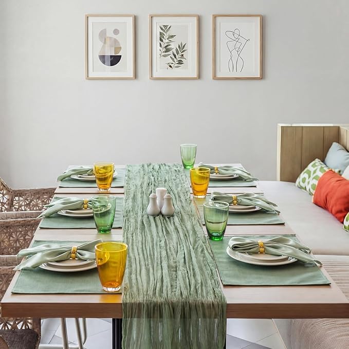 Patelai 19 Pcs Sage Green Table Runner Sets, 6 Placemats 6 Square Napkins with Napkin Rings Sets for Kitchen Dining Table Wedding Baby Shower Party Decorations