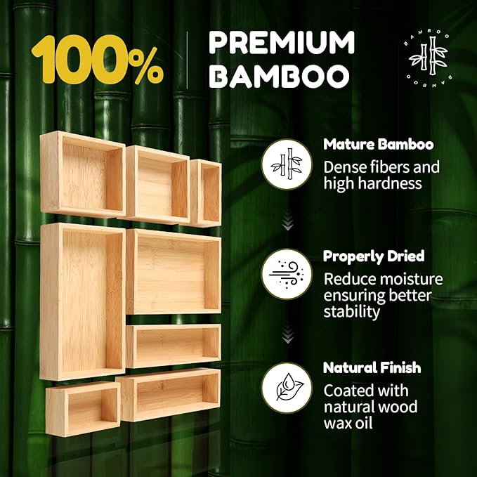 lilLittle Bamboo Drawer Organizer, 8 Pcs Kitchen Drawer Organizer Set, Multi Purpose Utensil Drawer Organizer, Silverware Organizer for Kitchen, Bathroom, Office, Junk Drawers