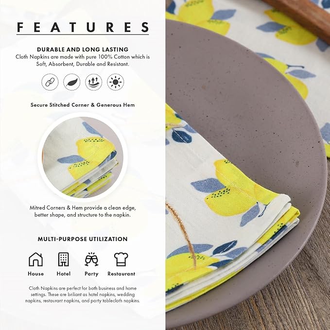 TARAN LIVING Printed Cotton Cloth Napkins Reusable Fall Dinner Napkin Set of 12 Reusable Machine Washable Fabric Best for Gift, House Party, Craft, Home Decor - Pack of 12, Lemon Print - 18x18 Inch