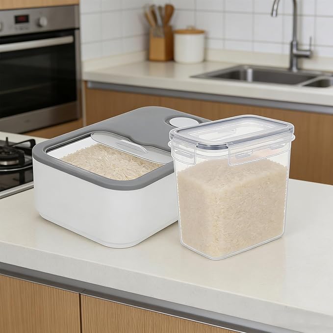 Rice Storage Container Set, 11 Lbs Plastic Airtight Rice Dispenser with Measuring Cup Dry Food Pantry Organizer Storage Bucket Box with Lid Food Container Kitchen Organizer for Grain Cereal