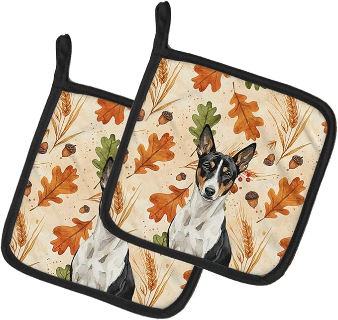 Caroline's Treasures Black and White Basenji Heirloom Fall Pair of Pot Holders Pair 7.5x7.5 Quilted Insulated Hot Pads Decorative Kitchen Gift Made in USA