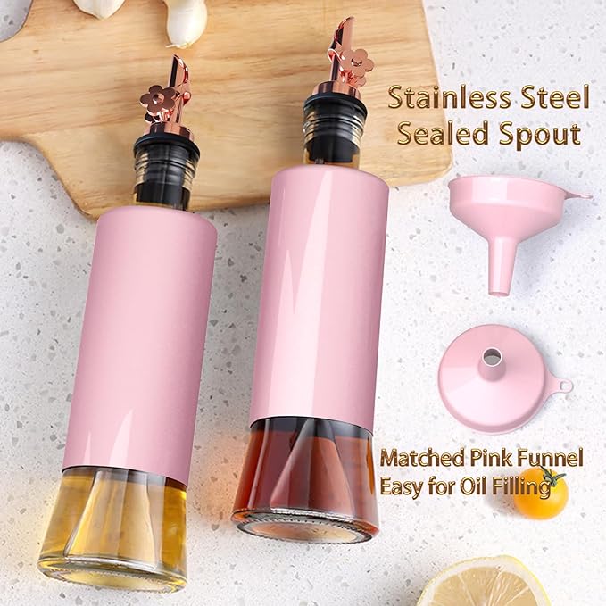 MIAO'ER Olive Oil Dispenser for Kitchen, Oil and Vinegar Dispenser Set of 2, Rose Gold Stainless Steel Spout, Pink Kitchen Decor, 300ml/10oz Kitchen Accessories for Cooking, Salad, Frying