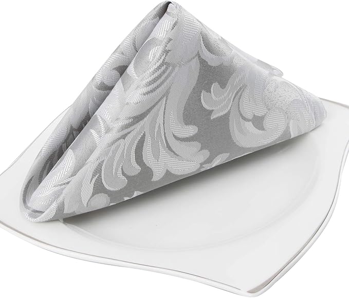 EHouseHome Damask Jacquard Cloth Napkins Waterproof Spillproof Polyester Fabric Napkins Silver Grey, Set of 12, 17 x 17 Inch