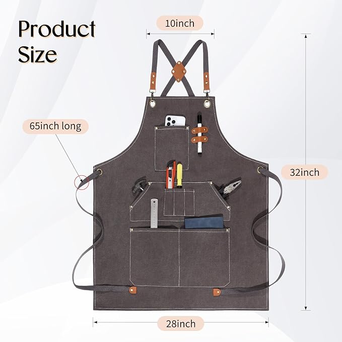 Work Aprons for Men Women with 9 Pockets Chef Apron 14oz Cotton Canvas Cross Back Aprons Heavy Duty Apron Gray Tool Apron for Woodworkers Kitchen Cooking Apron Waterproof Apron Size M to XXL