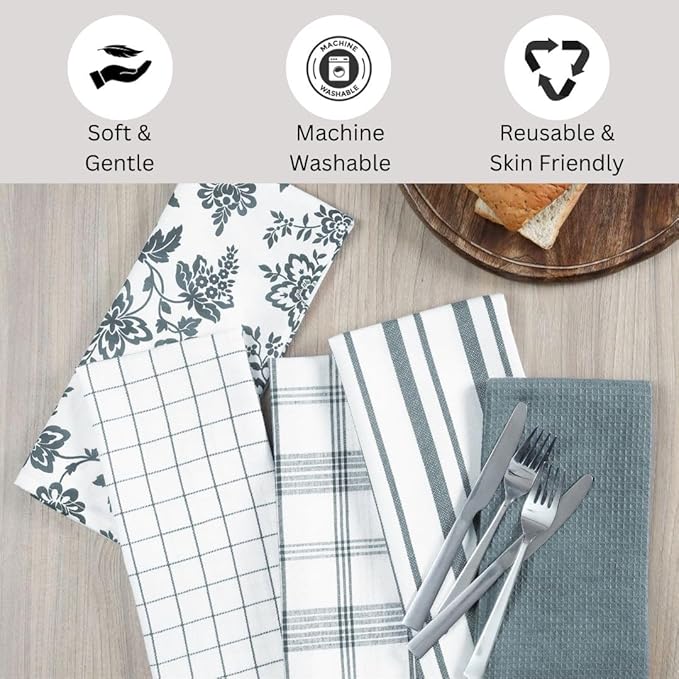 Assorted Kitchen Towels 100% Cotton 16x26 Inch - Super Absorbent, Soft & Quick Drying, Multi-Purpose for Drying & Cleaning, Ideal for Kitchen & Home Use, Set of 5 Low-Lint Dish Towels Grey