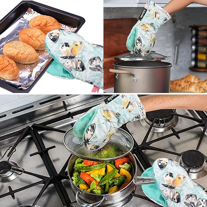 Alselo Mini Oven Mitts,2pk - Silicone Little Kitchen Gloves, Heat Resistant with Non-Slip Grip and Soft Quilted Cotton Lining for Safe Backing Cooking Barbecue (Turquoise, Butterfly)