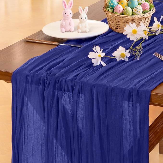 Socomi Royal Blue Easter Spring Cheesecloth Table Runner Boho Rustic Gauze 120 inch 10FT Cheese Cloth Runner for Wedding Party Baby Shower Birthday Home Decor Holiday Decorations