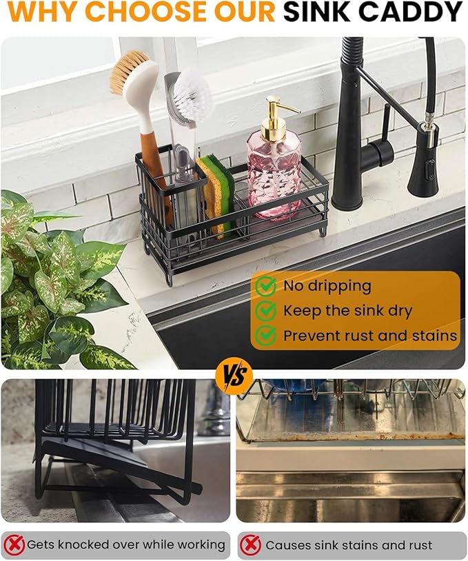 ARTLEO Kitchen Sink Caddy with Water Absorbent Diatomite Stone Sink Tray, Fast Drying Sink Organizer with High Dish Brush Holder Sponge Holder for Kitchen Sink, Stainless Steel