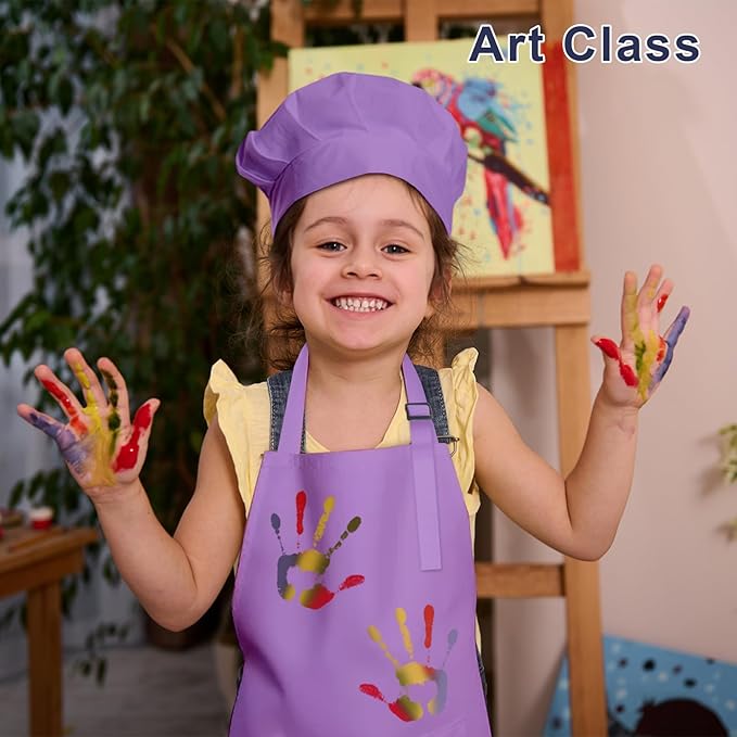 Kids Apron and Chef Hat Set, 24 Pieces Boys Girls Kids Apron with 2 Pockets Adjustable for Cooking Classroom Baking Painting, 6-13 Years, Bright Color