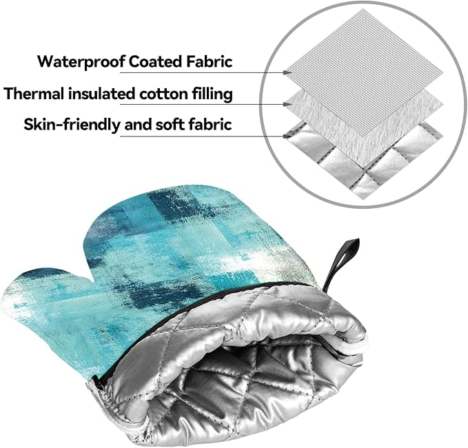 Turquoise Grey Oven Mitts and Pot Holders Sets of 4 Modern Teal Abstract Art Oven Gloves for Kitchen Baking Cooking Grilling (Turquoise)