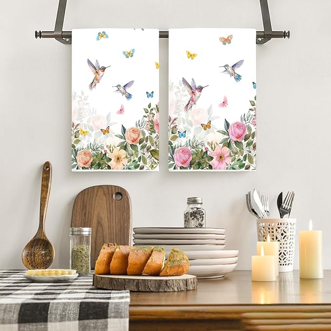 Bird Floral Hummingbird Kitchen Towels 2 Pcs Decorative Hand Towel Absorbent Dishcloth 16”X 24”