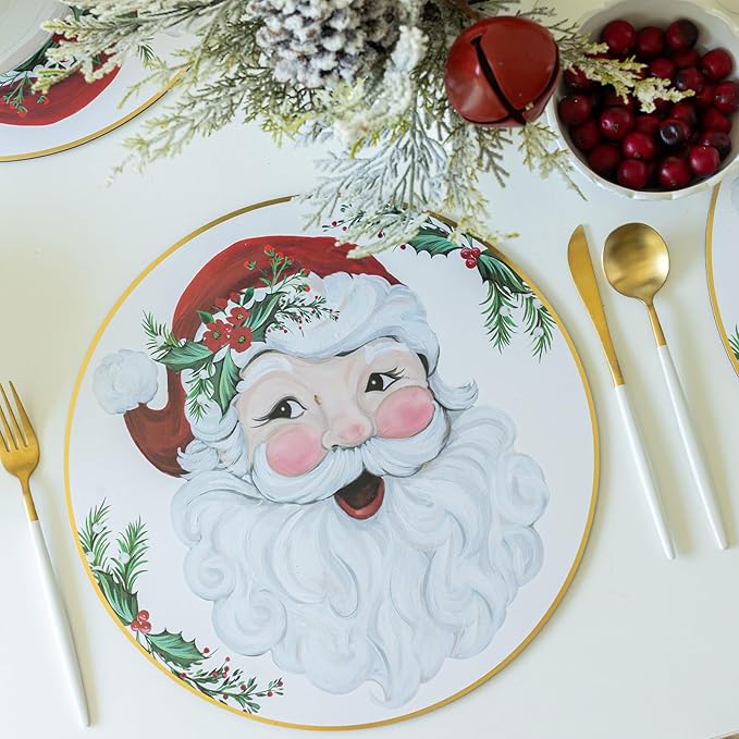 Benson Mills Cork Placemats Set of 4, Thick Cork Place Mats for Kitchen and Dining Tables, Easy Clean Table Mats for Christmas, Winter and Holidays (13.75" Round Set of 4, Joyful Santa)