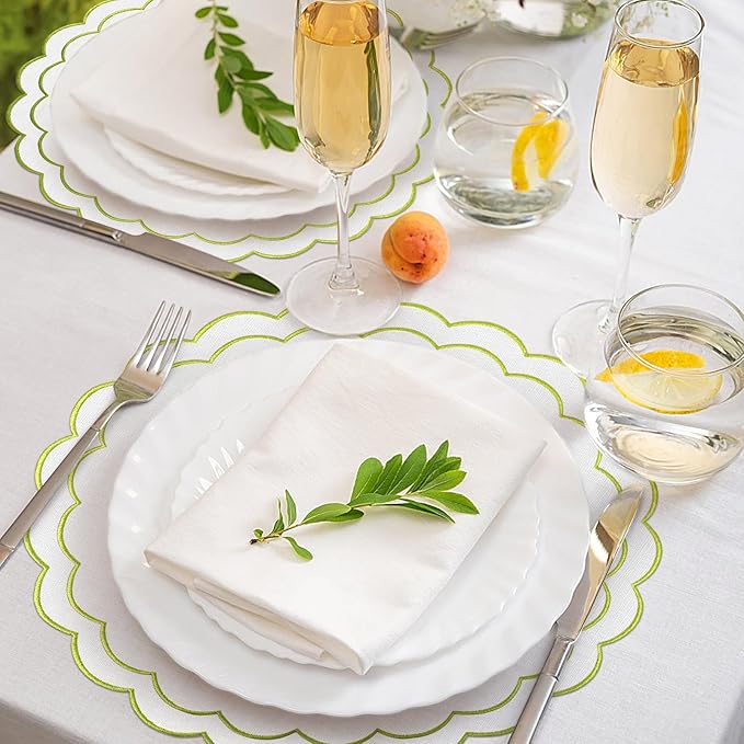 Set of 8 Cotton Linen Placemats, 15x15 Scalloped Flower Embroidery Cloth Table Mats Double Layered Fabric Machine Washable Wrinkle Free Dining Placemat for Restaurant Kitchen Decor, White with Green
