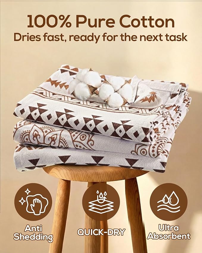Miss Adola Neutral Flour Sack Kitchen Towels - 3 Pack 18"x 26" Cotton Farmhouse Fast Drying Decorative Hand Tea Towel Dishcloth with Hanging Loop for Home Decor Housewarming Gift, Bohemian