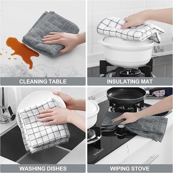 Homaxy Premium Cotton Kitchen Towels 16"x 28", Large Natural Ring Spun 390 GSM Dish Towels, Super Absorbent Terry Kitchen Hand Towels, Soft Tea Towels with Hanging Loop, Grey Check Design, 6 Pack