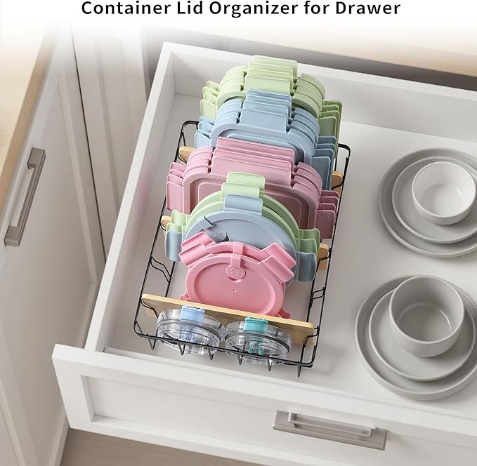 2-Pack Adjustable Lid Organizers - Large Kitchen Cabinet Organizer for Food Storage Container and Tumbler Cup Lids with 6 Bamboo Dividers -Organizers in Kitchen/Pantry/Laundry Room(Size:M+L)