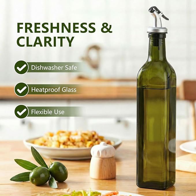 WERTIOO 4Pack Green Olive Oil Dispenser Bottle, 17 OZ Glass Oil Dispenser for Kitchen, 500ml Glass Bottles for Vinegar Oliveoil with Label and Funnel