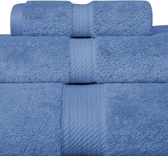 SUPERIOR Egyptian Cotton Pile 3 Piece Towel Set, Includes 1 Bath, 1 Hand, 1 Face Towel/Washcloth, Ultra Soft Luxury Towels, Thick Plush Essentials, Guest Bath, Spa, Hotel Bathroom, Denim Blue