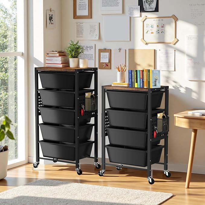 Rolling Cart with 4 Drawers, Plastic Drawer Storage Carts with Wheels & Wooden Tabletop, Metal Utility Cart with Pegboards, Office Living Room Classroom Craft Organization and Storage, Dark Black