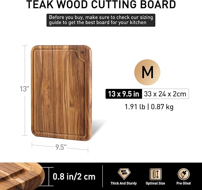 Teak Wood Cutting Board for Kitchen 13inch Charcuterie Board Serving Heavy Duty Non Toxic Slip Over Sink Solid Thick Haus Wooden Chopping Board Large Big Small Meat Best Kitchen Essential Gift