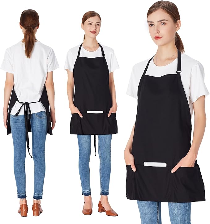 Jubatus 2 Pack 3 Pockets 100% Cotton Adjustable Bib Apron Chef Kitchen Cooking Aprons for Women Men, Black