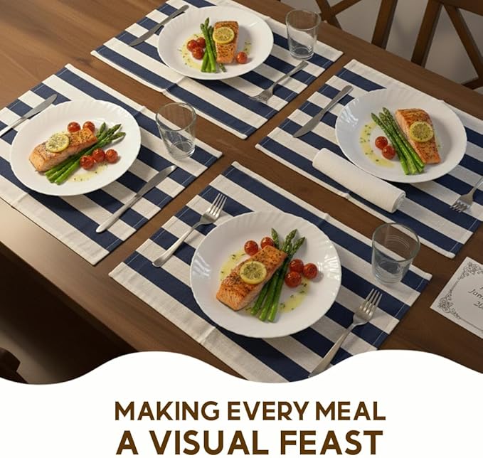 Folkulture Placemats Set of 4 (13 x 18) | 100% Cotton,Cute, Heat Resistant,Machine Washable Striped Place Mats | Blue & White Rectangular Cloth Table Placemats or Dining Table Mats for Dinner Party