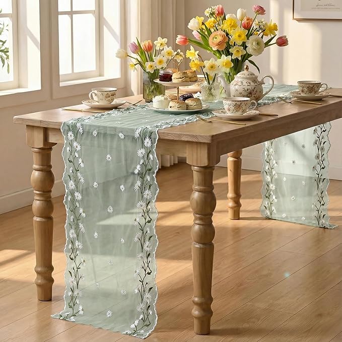 Artoid Mode Daisy Floral Sage Green Shaped Gauze Embroidery Table Runner 120 Inch 10FT, Tulle Spring Summer Kitchen Dining Table Decor for Home Party