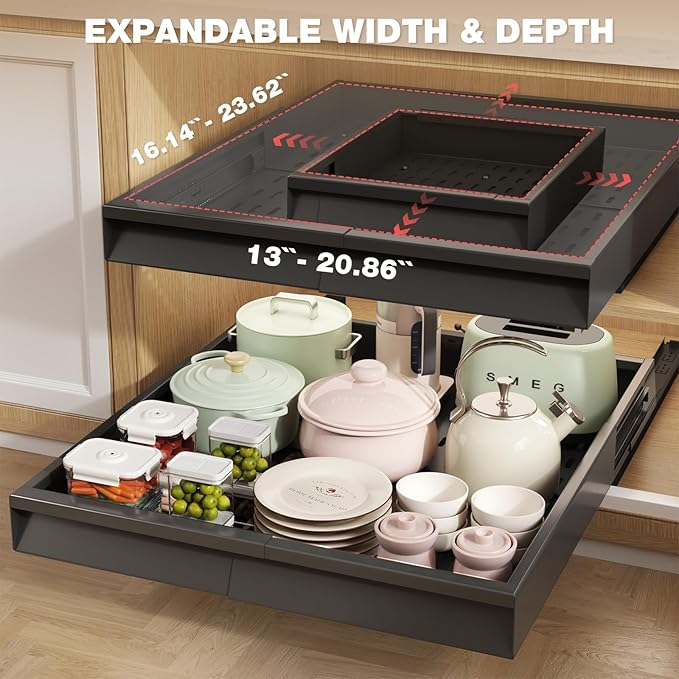 Seinloes 4 Pack Pull Out Cabinet Organizer With Raising Pad for Framed Cabinets,Expandable Width (13"-21") and Depth (17"-24"),3 Slide Rails Slide Out Drawers with Handle,No-Drill Roll Out Shelf,Black