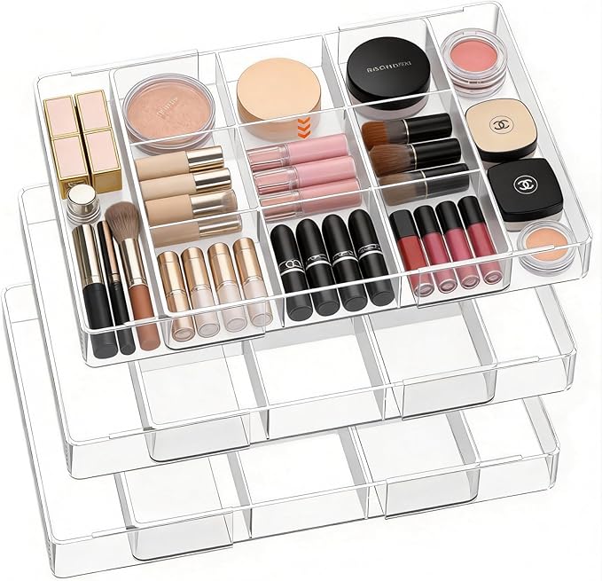 Acrylic Expandable Desk Drawer Organizer with 11 Adjustable Compartments and 6 Removable Dividers Desk Accessories for Office Kitchen Bathroom Makeup and Utensil Junk Storage (Clear, 3Pcs)
