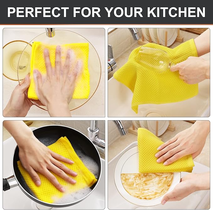 Kitinjoy 100% Cotton Kitchen Dish Cloths (12 X 12 Inches, Yellow), 6 Pack Waffle Weave Ultra Soft Absorbent Dish Towels for Drying Dishes Quick Drying Kitchen Towels Dish Rags