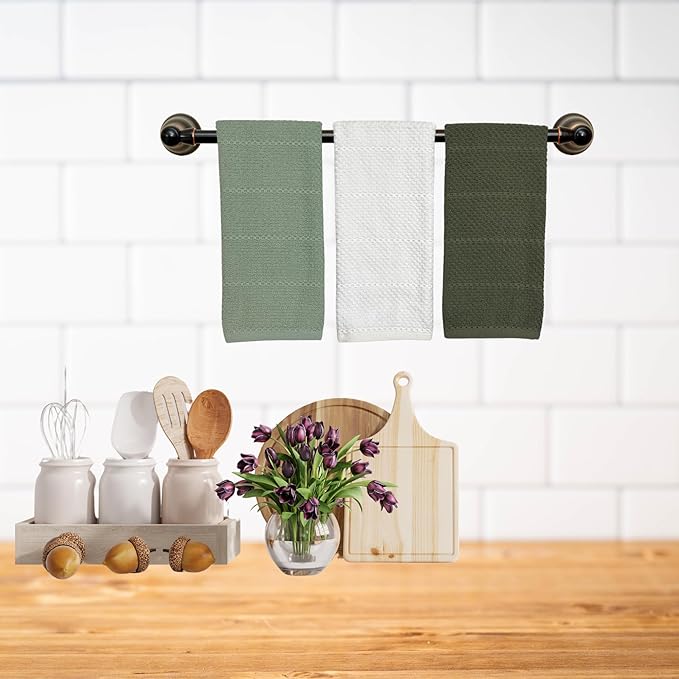 Sage White Dark Green Kitchen Hand Dish Towels: Oversized 28" x 18",100% Cotton Cloth Soft Cleaning Drying Absorbent Textured Design, Set of 3 Multipurpose for Everyday Use (Natural Collection)