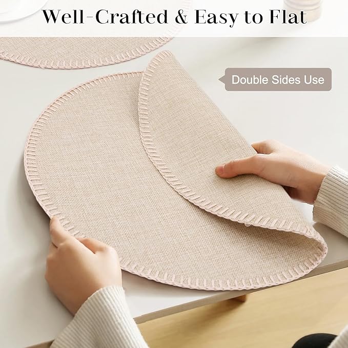Round Placemats Set of 6, 15 Inch Linen Fabric Table Placemats, Heat Resistant, Wrinkle Free Washable Placemats Kitchen Place Mats Set of 6 for Dining Table Party Table (Beige, 6)