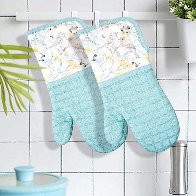 Silicone Printing Oven Mitts Heat Resistant to 500 Degree,Yarm-Dyed Oven Gloves with Animal Design Non-Slip for Kitchen Cooking Barbecue Baking and Machine Washable. (Light Blue Mitts)