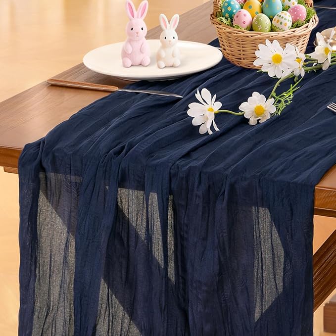 Socomi Navy Blue Easter Spring Cheesecloth Table Runner Boho Rustic Gauze 120 inch 10FT Cheese Cloth Runner for Wedding Party Baby Shower Birthday Home Decor Holiday Decorations