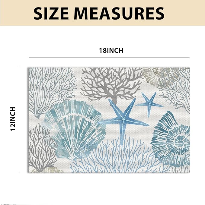 Nautical Placemats Set of 4, Starfish Beach Theme Ocean Seashell Washable Non-Slip Heat Resistant 12×18 Inch Coastal Summer Place Mats Decorative Linen Fabric Table Mats for Home Party Kitchen Dining