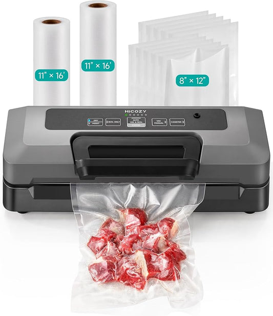 HiCOZY Vacuum Sealer for Food, Powerful Heat Food Sealer, Dry Moist 7-1 Multiple Automatic Modes, Easy-Lock Handle, Compact Design with 10 Vacuum Bags & 2 Bag Rolls, Bag Cutter Included, Space Gray
