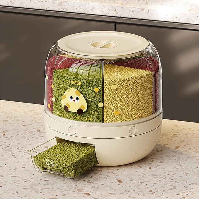 Rice Dispenser | 360° Rotating Grain Storage Bin - 6 Grids, 20LBS Large Capacity Food Container, Moisture-Proof, One-Click Output for Rice, Beans & Pet Food (Decorative Print)