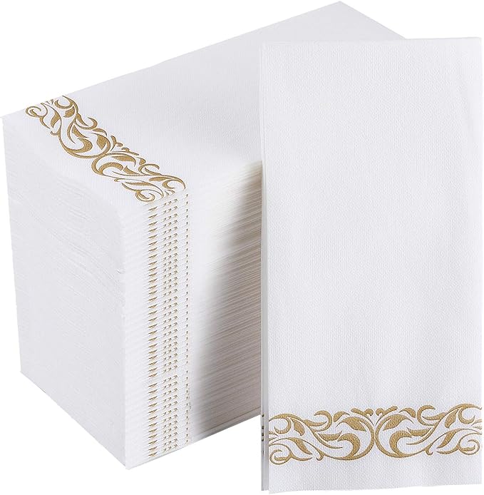 FOCUSLINE 200 Linen Feel Disposable Bathroom Napkins, Soft and Absorbent Paper Guest Towels, Cloth-Like Paper Hand Towels Decorative Napkins for Parties, Weddings, Dinners or Events, Gold, 12" x 17"