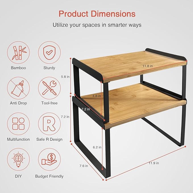 Goozii Kitchen Cabinet Organizer Shelf Set of 4, Pantry Organizers and Storage Shelves for Plates Dishes Cups Mugs, Cupboard Counter Cabinet Shelf Riser for Countertop (Bamboo Wood and Black Metal)