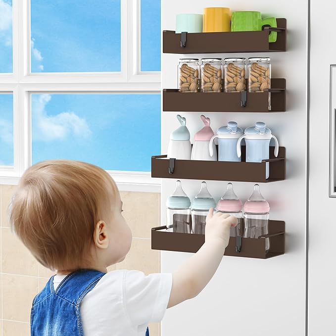 HuggieGems 4 Pack Magnetic Spice Rack Organizer for Refrigerator and Oven, Brown Fridge Organizers and Storage for Kitchen