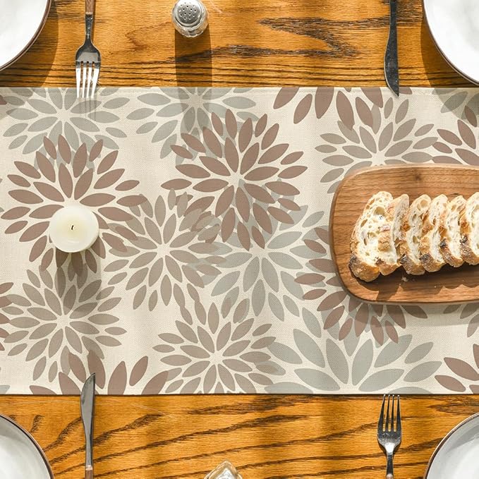 Artoid Mode Brown Gray Dahlia Pinnata Flower Floral Table Runner, Seasonal Holiday Kitchen Dining Table Decoration for Home Party Decor 13x72 Inch