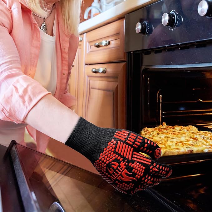 BBQ Gloves, Oven Gloves, 1472°F Extreme Heat Resistant Barbecue Gloves, Silicone Non-Slip Oven Mitts, Kitchen for Cooking, Grilling, and Baking (Red)
