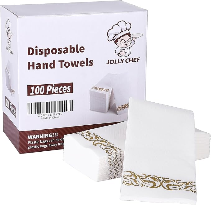 JOLLY CHEF 100 Disposable Hand Towels, Soft and Absorbent Linen Feel Dinner Napkin, Elegant Decorative Paper Guest Towels for Kitchen, Bathroom,Thanksgiving, Weddings,Parties, Gold and White