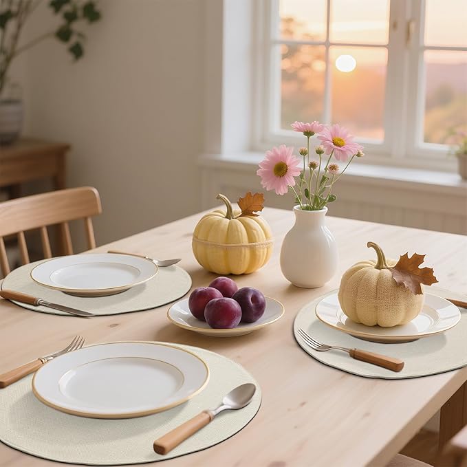 homing 15 Inch Round Cloth Placemats Set of 6, Cotton Linen Blend Washable Table Mats, Farmhouse Dining Place Mats for Indoors & Outdoors, Easy to Clean, Cream
