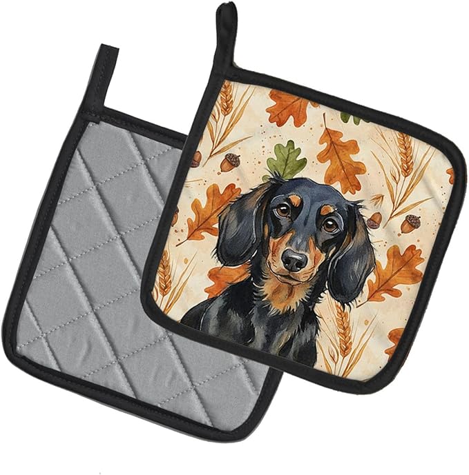 Caroline's Treasures Longhaired Black and Tan Dachshund Heirloom Fall Pair of Pot Holders Pair 7.5x7.5 Quilted Insulated Hot Pads Decorative Kitchen Gift Made in USA