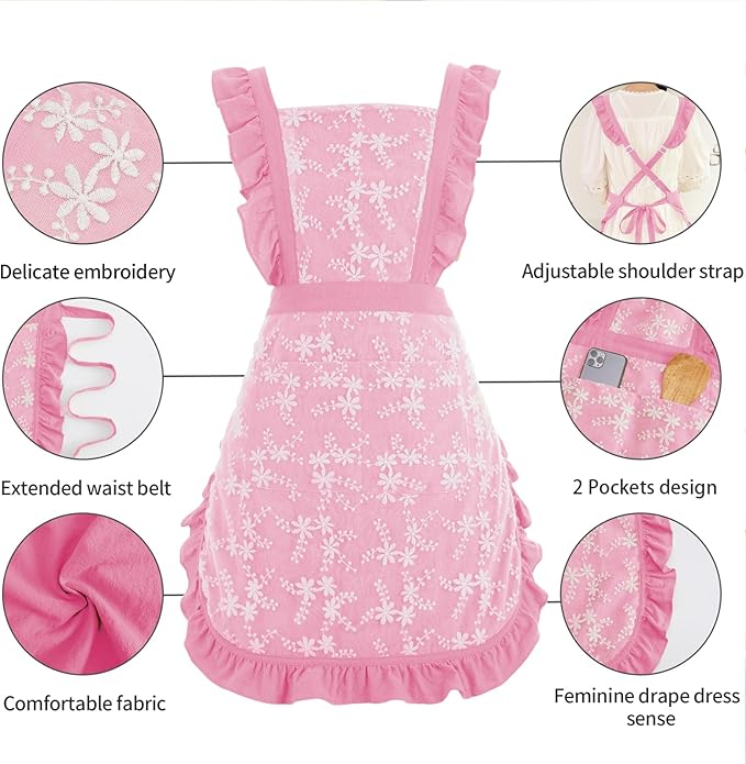 Pinknoke Vintage Pinafore Apron Dress for Women with Pockets Cute Floral Chef Aprons for Kitchen Cooking Baking Gardening