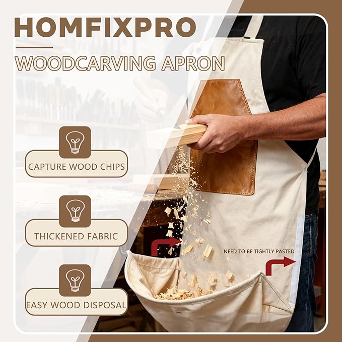 Woodcarving Apron-Work Apron with Brown Leather Chest Patches, Tool Pocket