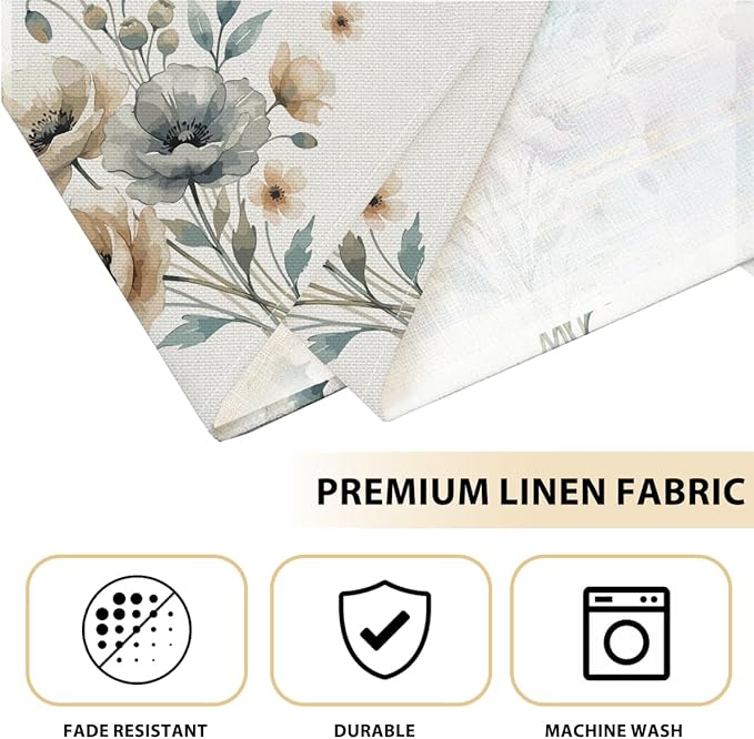 Neutral Poppy Floral Spring Placemats Set of 4, Wipeable Washable Non-Slip Heat Resistant Linen Fabric Rectangle Table Mats, Boho Minimalist Decor for Indoor Outdoor Party Kitchen Dining