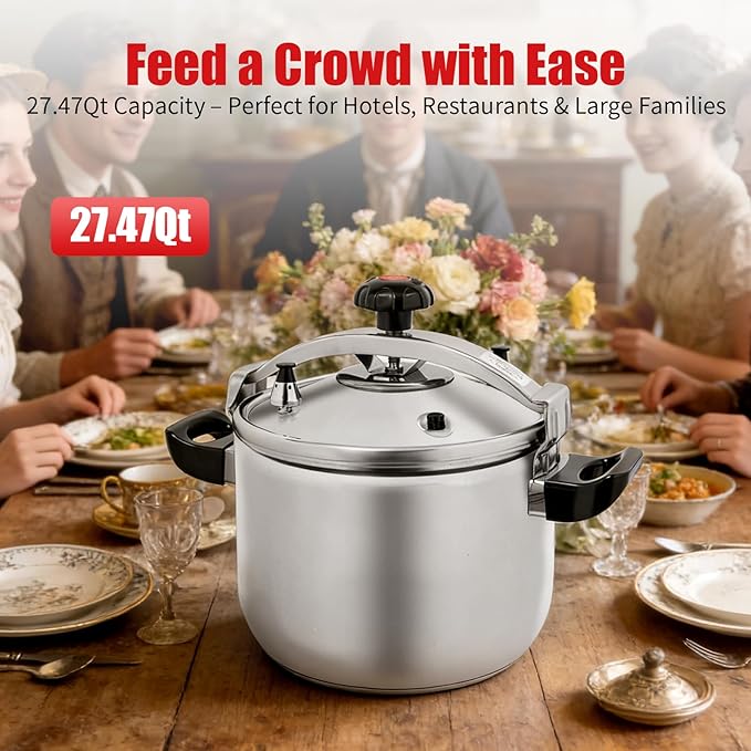 27.47 Qt Pressure Cooker, Stainless Steel Large Capacity Pressure Canner with Double Valves, Clamp On Type Commercial Pressure Stewing Pot for Hotels, Restaurants, Family (27.47 Qt)
